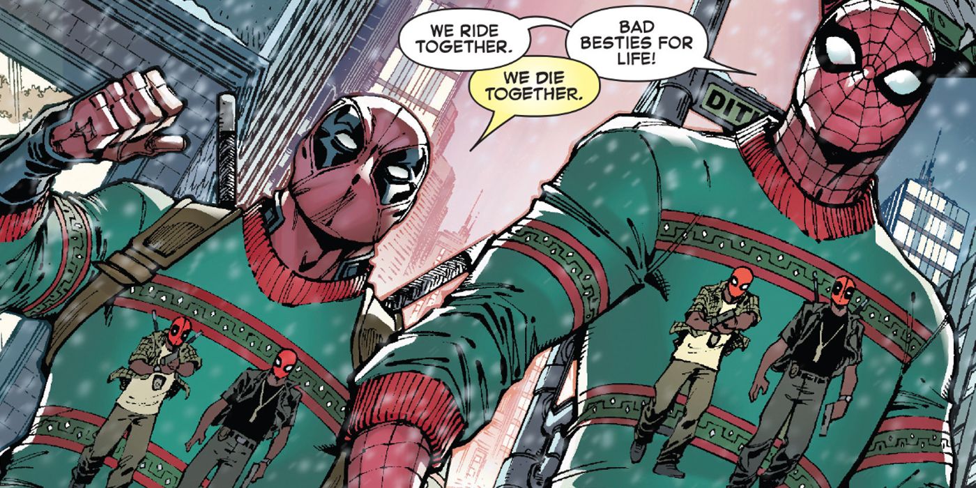 Deadpool and Spider-Man in Christmas sweaters