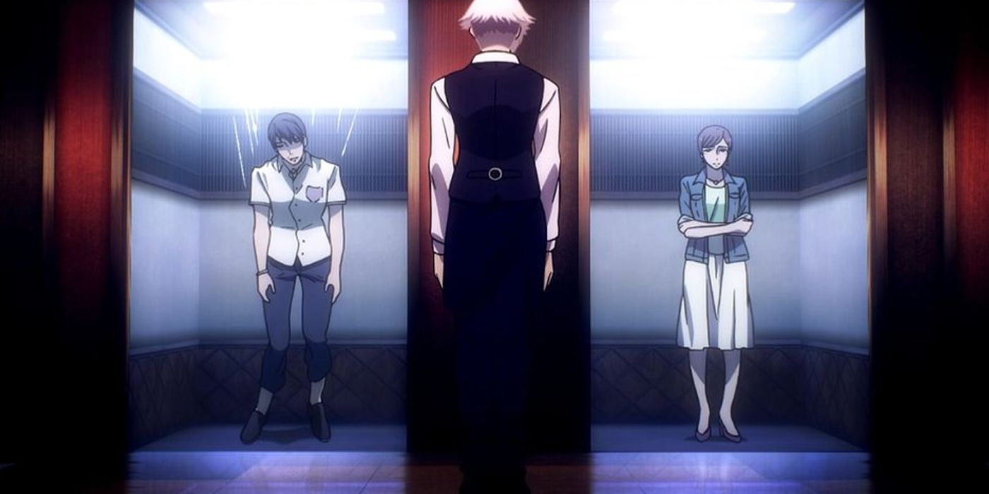 Two souls get off elevators for Decim in Death Parade.