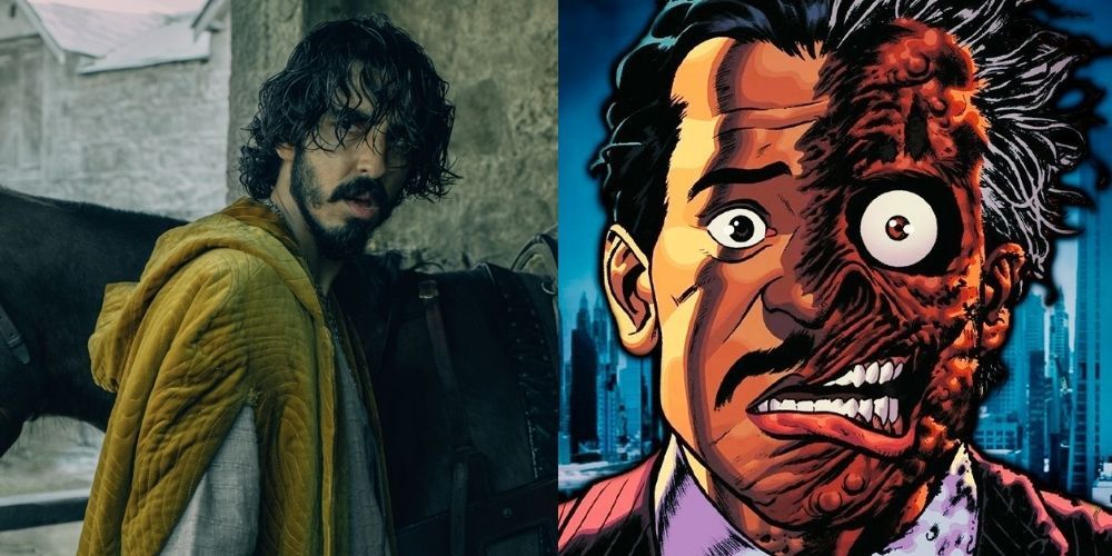 A split image of Dev Patel in The Green Knight and Two-Face