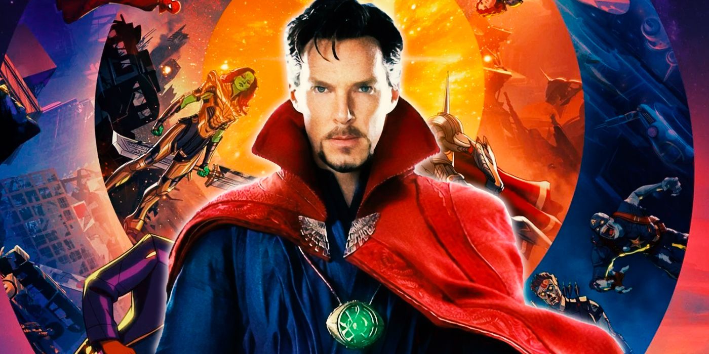 Benedict Cumberbatch as Doctor Stephen Strange superimposed over a What If...? poster