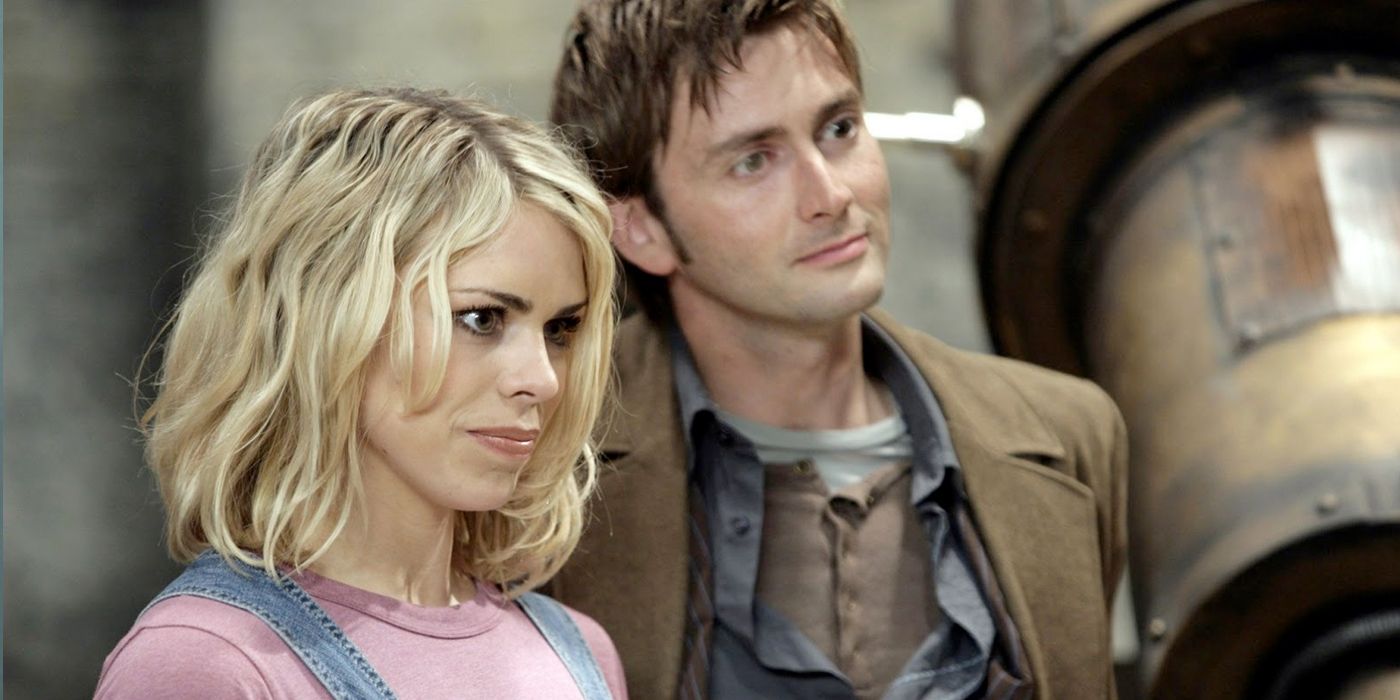 Rose Tyler stands next to the Tenth Doctor smiling on Doctor Who