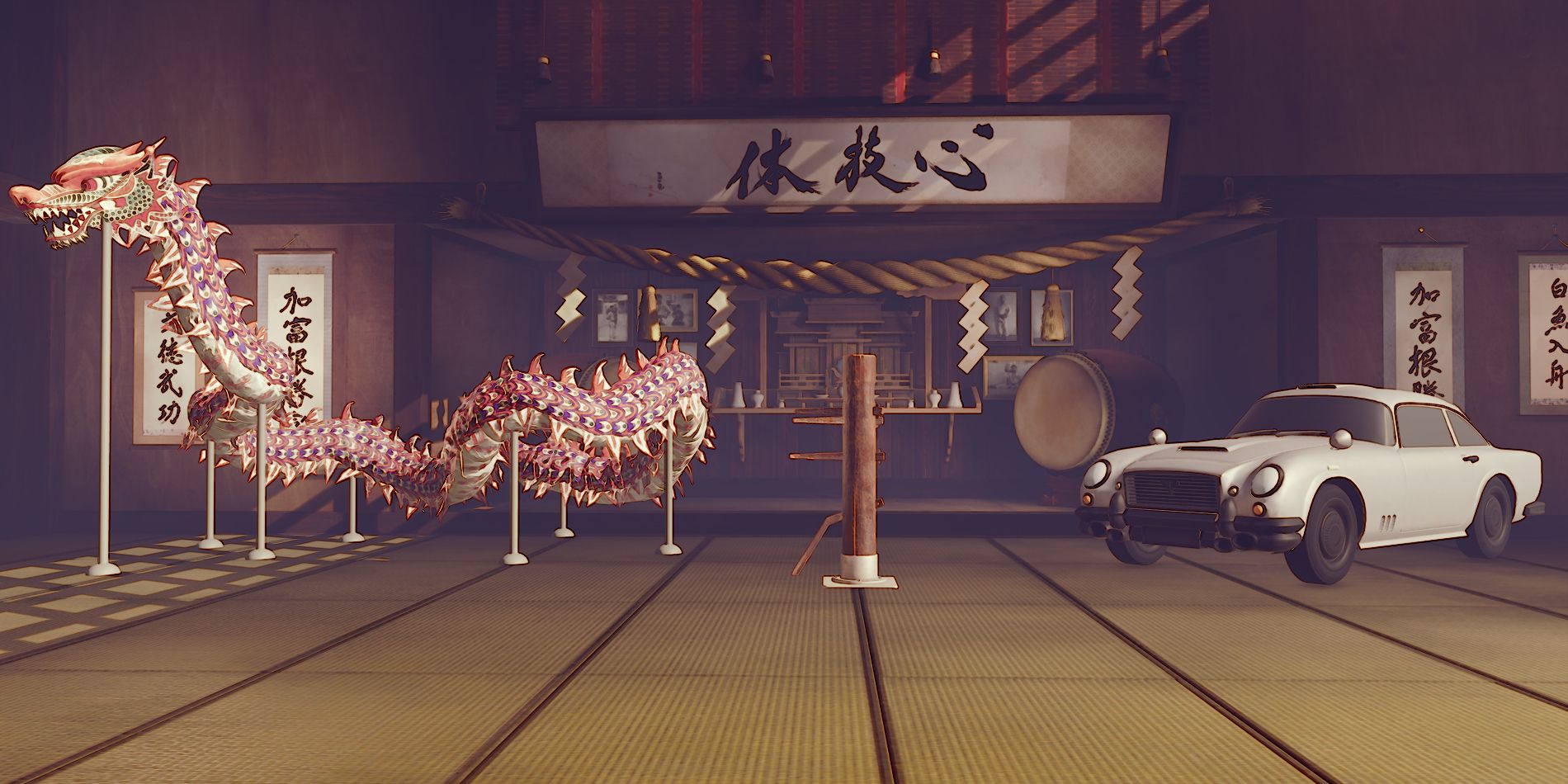Dojo stage in Street Fighter V with a Chinese Dragon puppet display and a vehicle