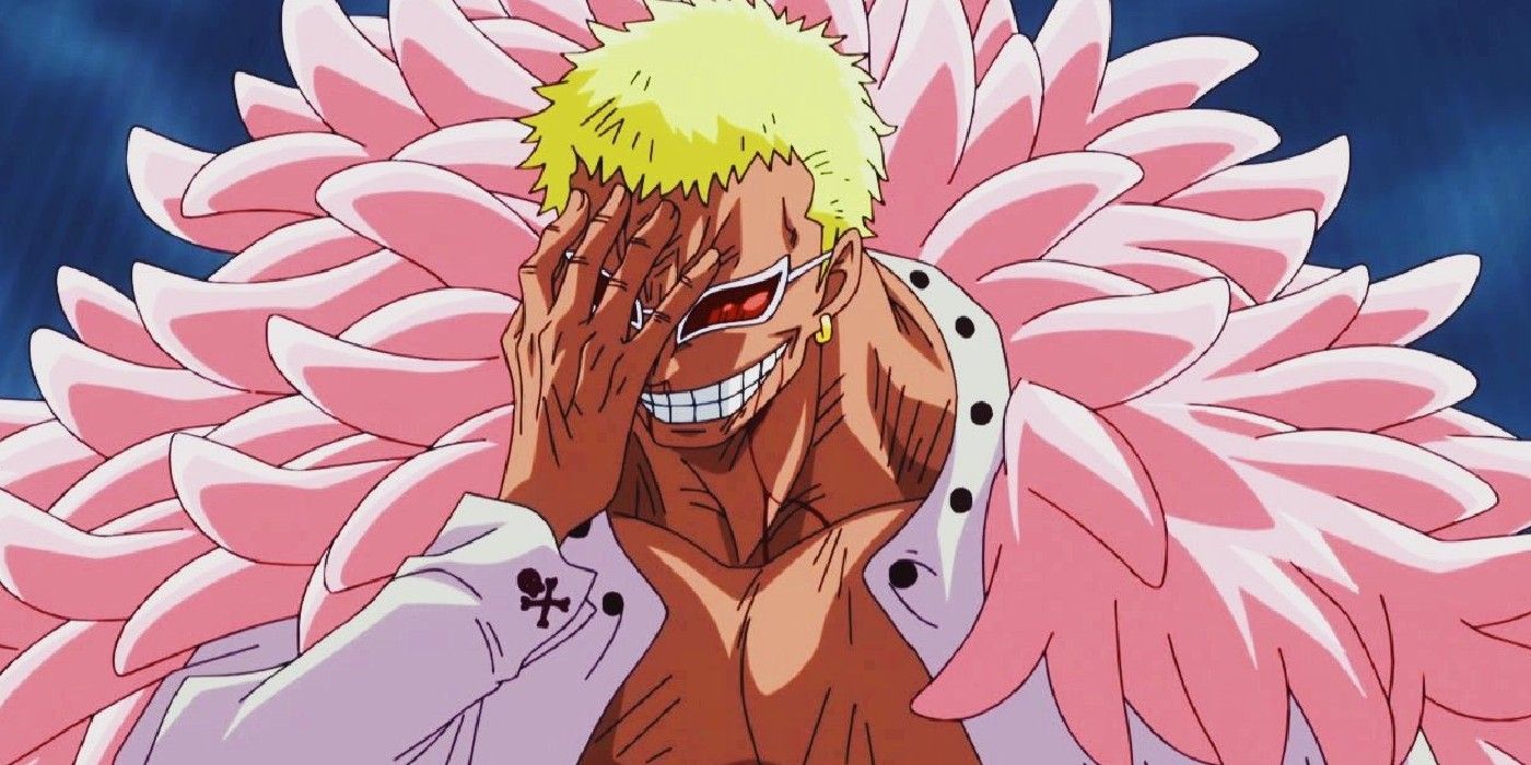 Donquixote Doflamingo laughs to himself in One Piece.