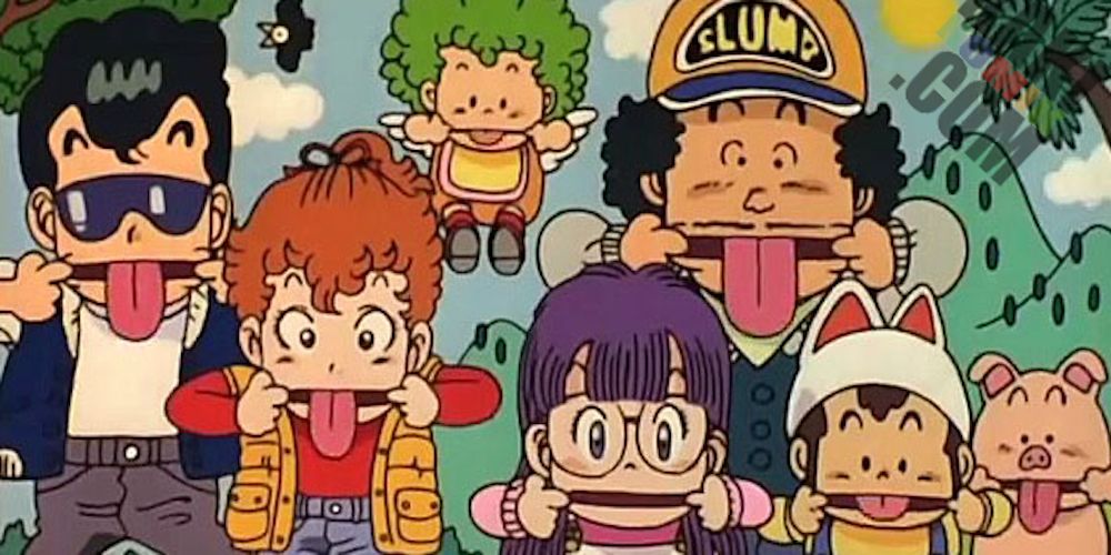 Arale and Penguin Village make silly faces in 1980s Dr. Slump anime.