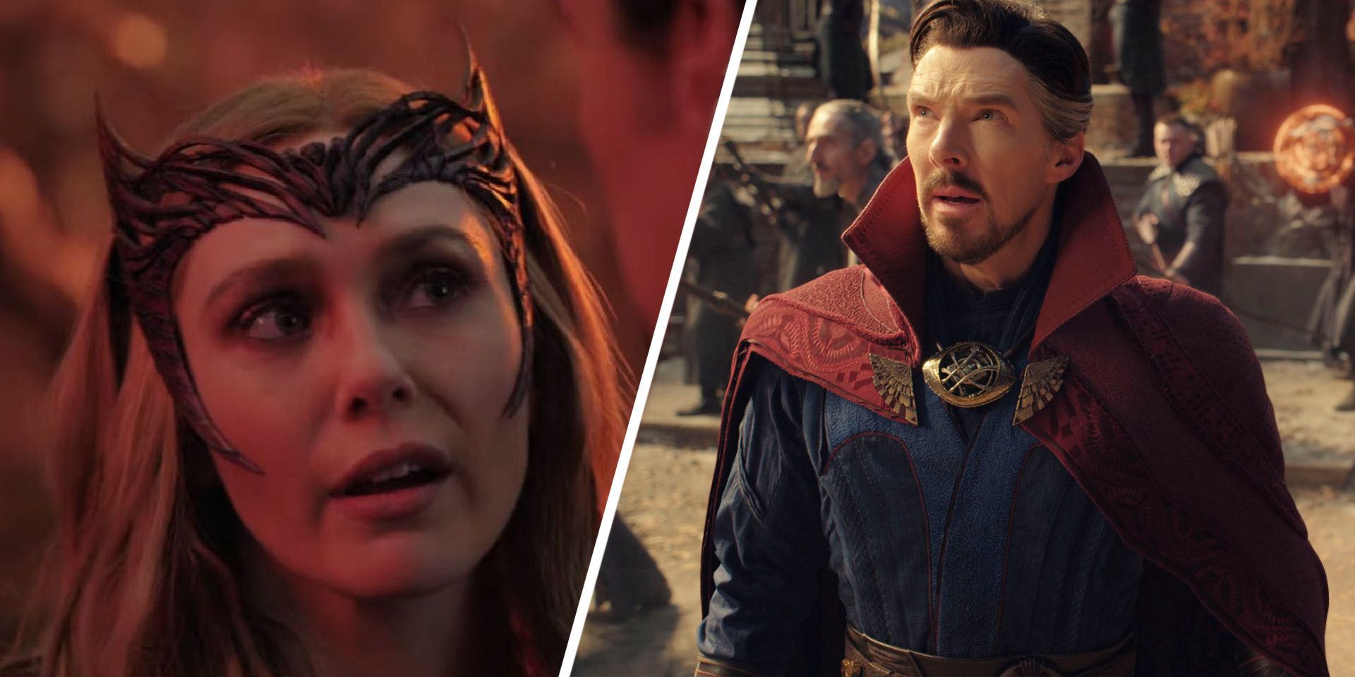Split image of Scarlet Witch and Dr Strange from Doctor Strange and the Multiverse of Madness