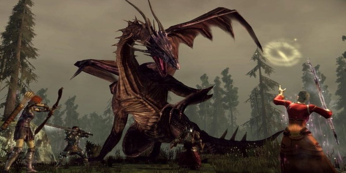 A party fighting a dragon in Dragon Age Origins