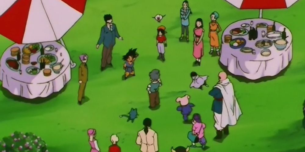 Goku and friends celebrate the saved Earth in Dragon Ball GT
