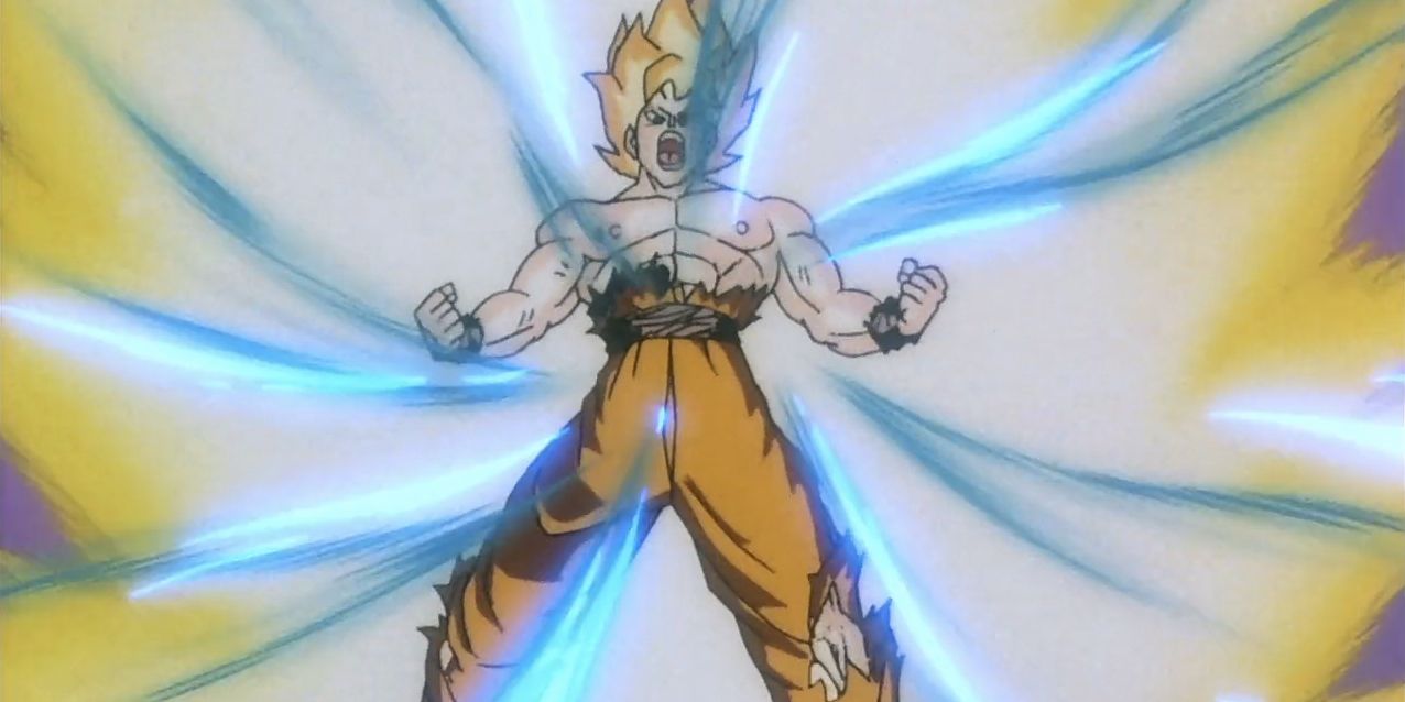 Goku absorbs his Spirit Bomb against Super Android 13 in Dragon Ball Z.