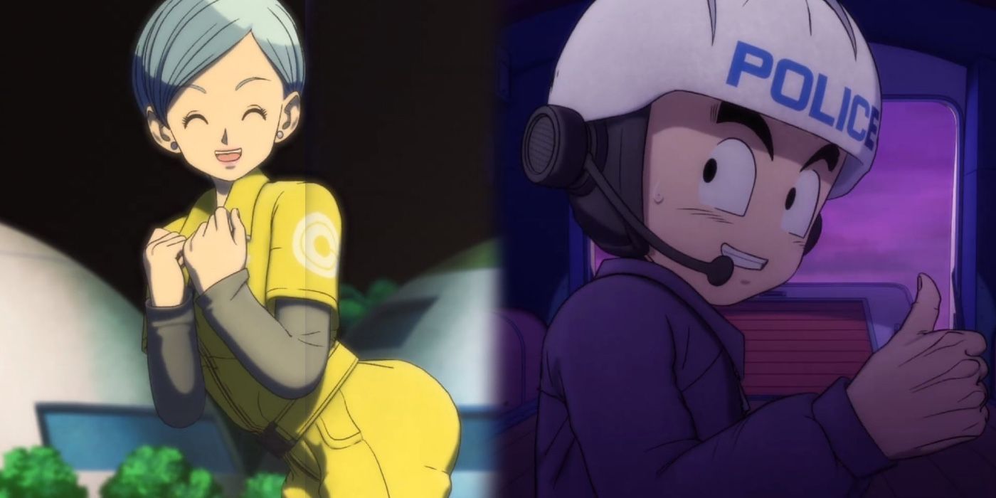A split image features Bulma and Krillin in Dragon Ball Super.