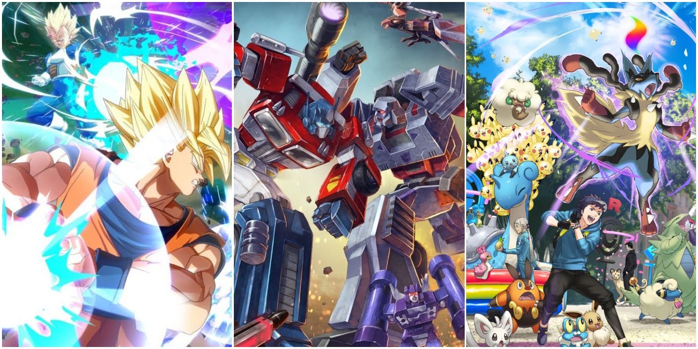 Featured image for an article about franchises that deserve a LEGO game; a split image depicts Dragon Ball, Transformers, and Pokémon.