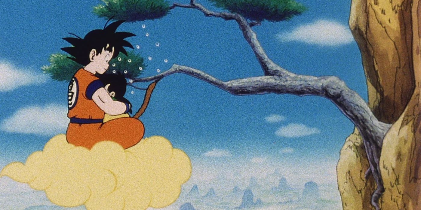 Goku comforts Gohan on the Flying Nimbus in Dragon Ball Z's first episode