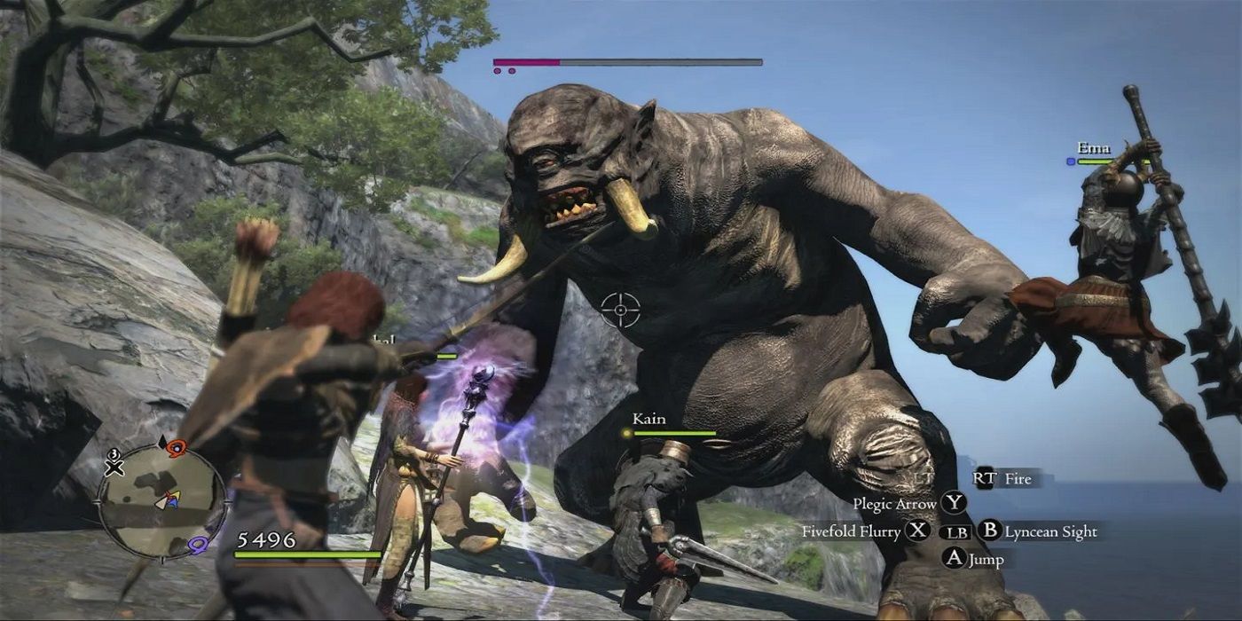 Dragon's Dogma characters battling against a giant ogre