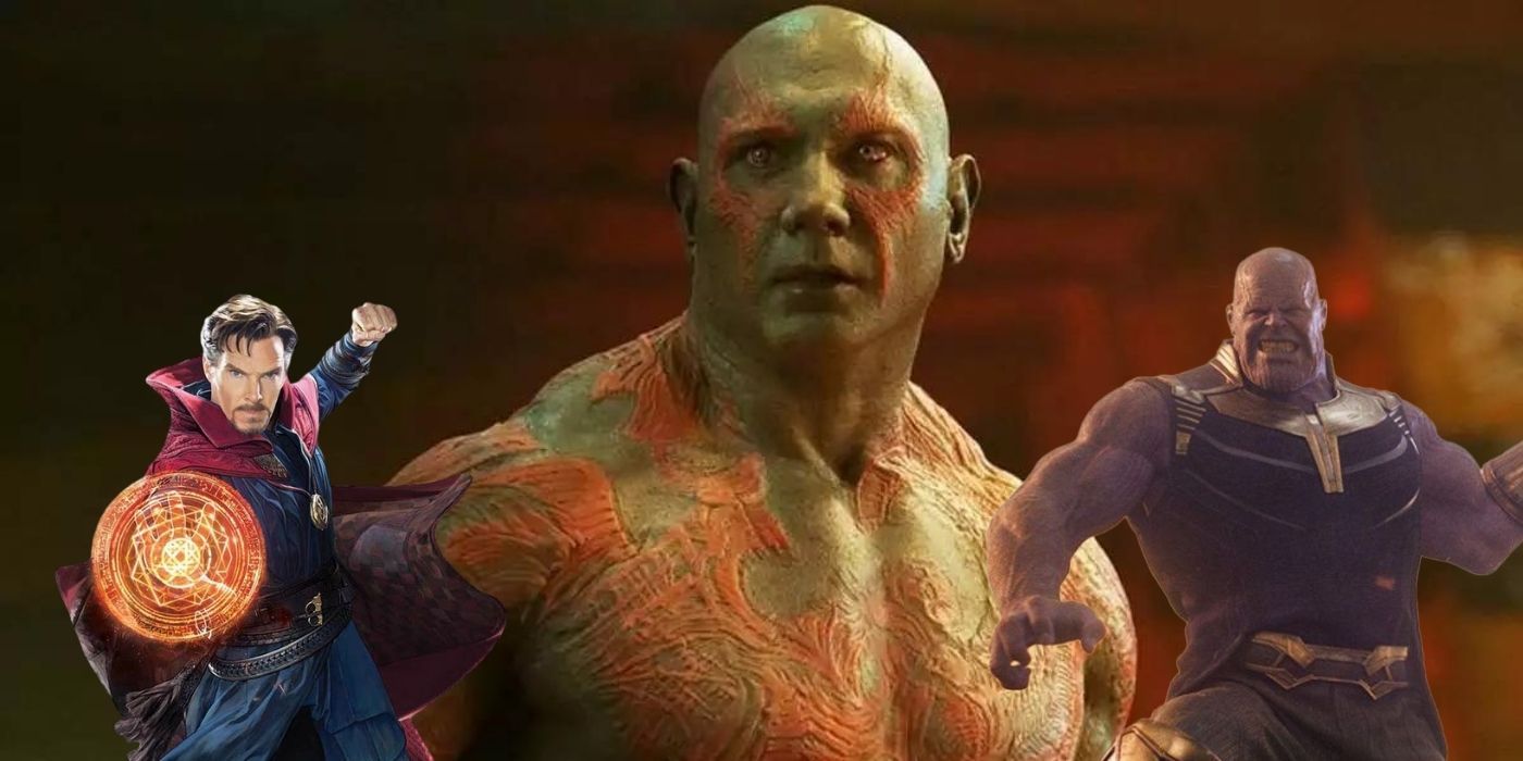 The MCU's Dr. Strange and Thanos are superimposed on a still of Drax from Guardians of the Galaxyhe