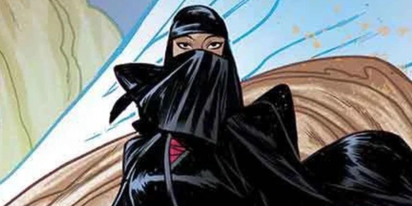 The X-Men's Soorya Qadir, aka Dust, veiled and surrounded by blowing sand in Marvel Comics