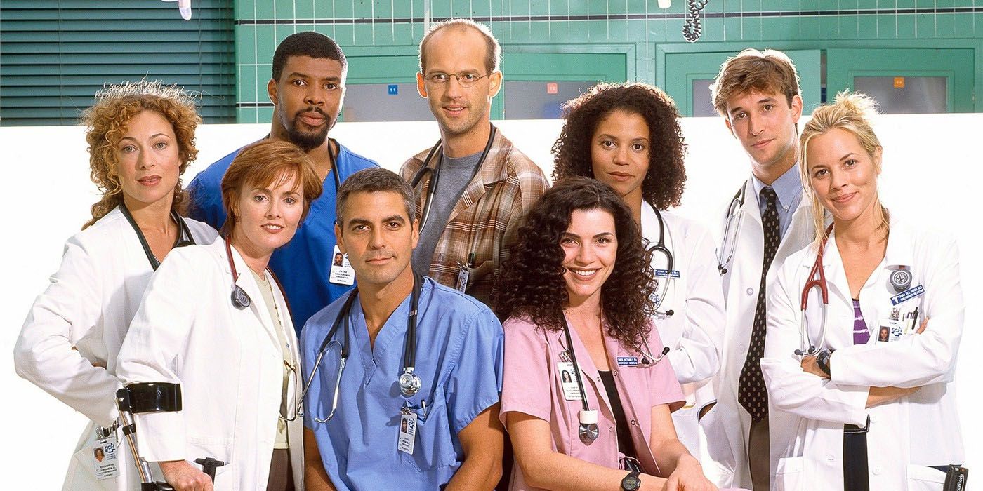 ER Season 4 cast standing together in the emergency room