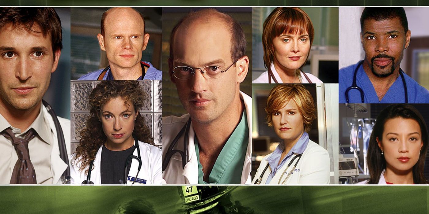 Collage of characters from ER season 8 with Anthony Edwards' Dr. Green in the center