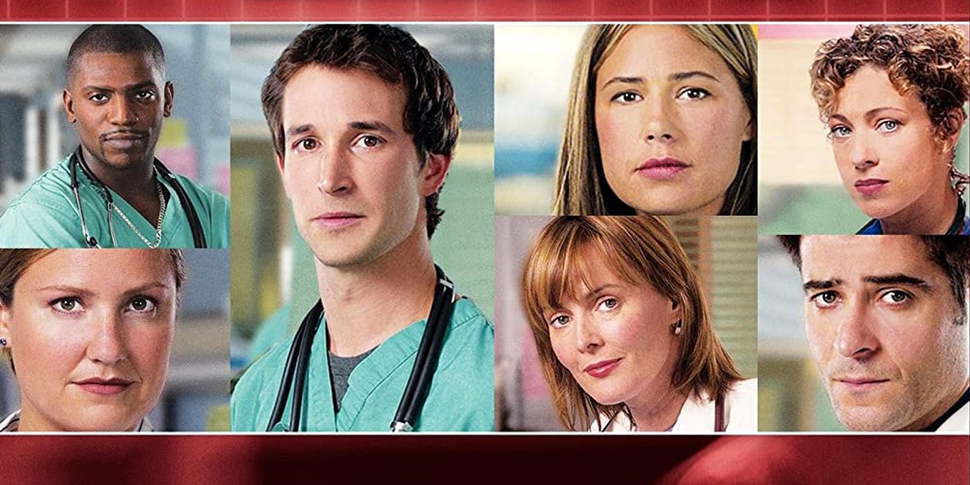 The cast of ER Season 9 with Noah Wiley in focus on the left