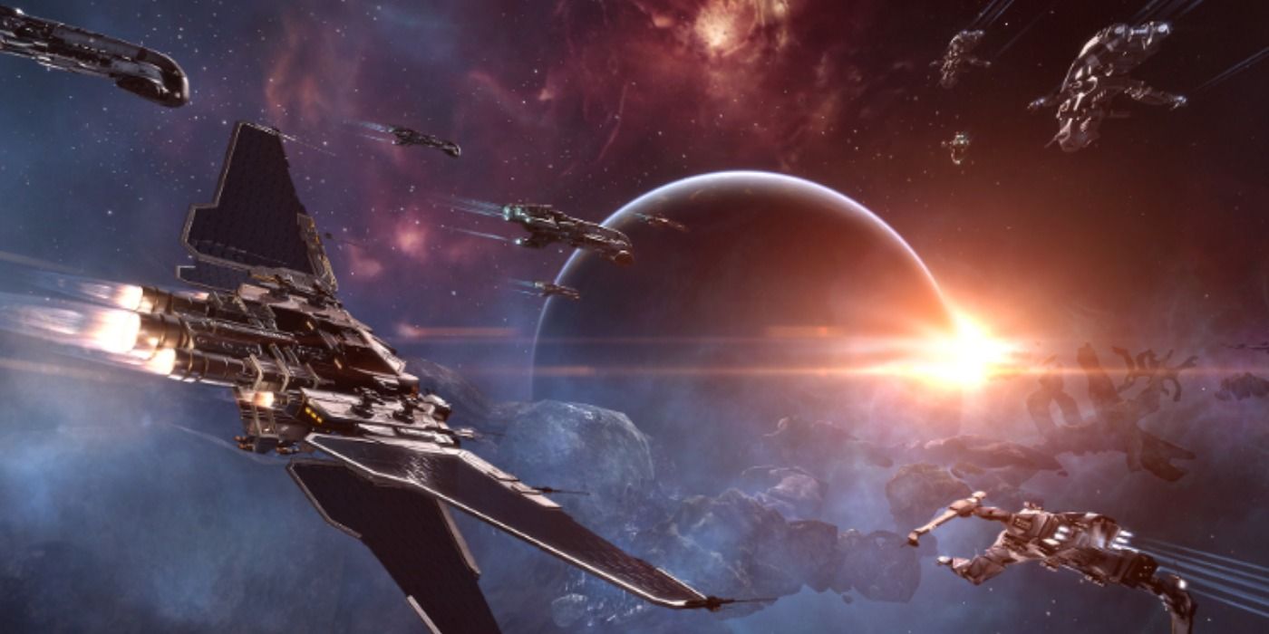 An image of spacecraft flying through space in the MMO game, EVE Online