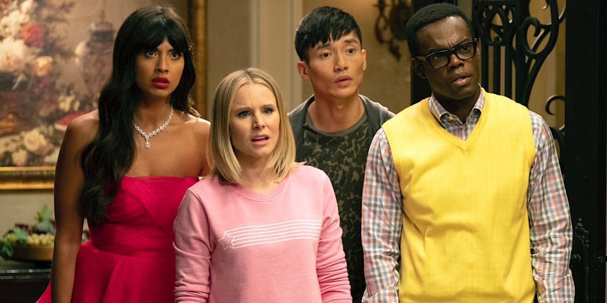 Eleanor, Chidi, Jason, and Tahani standing together shocked - The Good Place