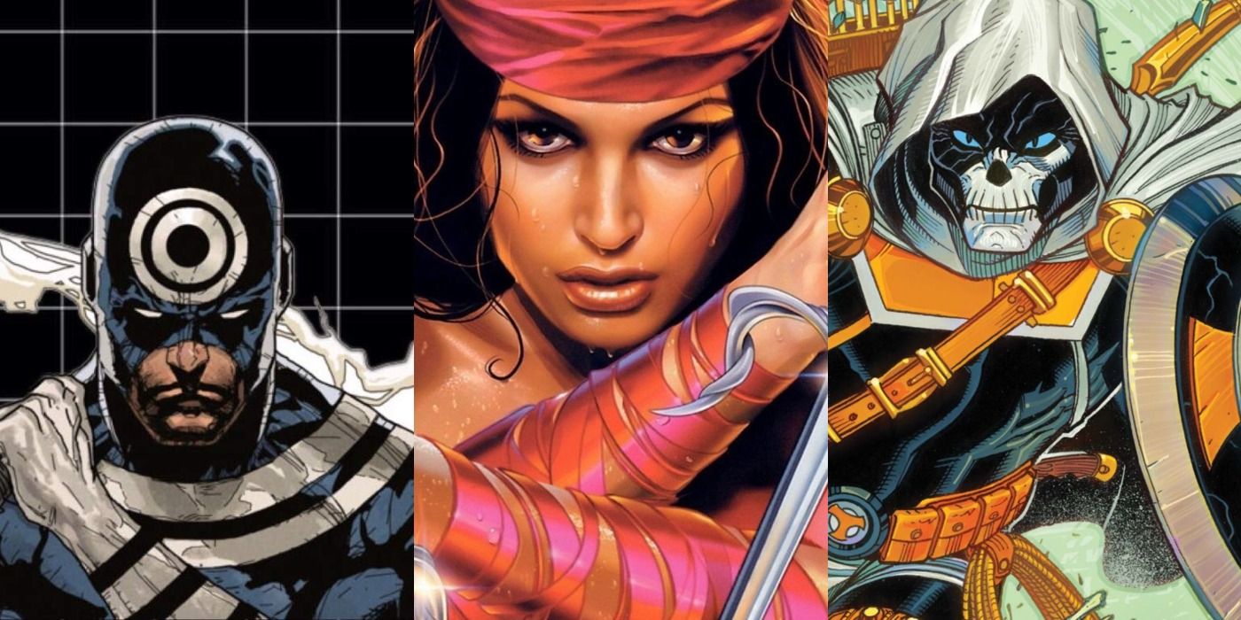 A split image of Marvel Comics' Bullseye, Elektra, and Taskmaster