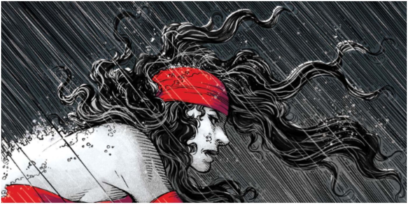 Elektra looks grimly forward in the driving rain in Marvel Comics