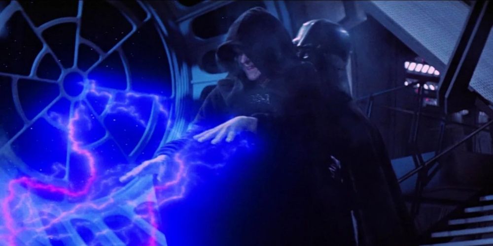 Vader throws Emperor Palpatine down the reactor shaft in Star Wars Episode VI: Return of the Jedi