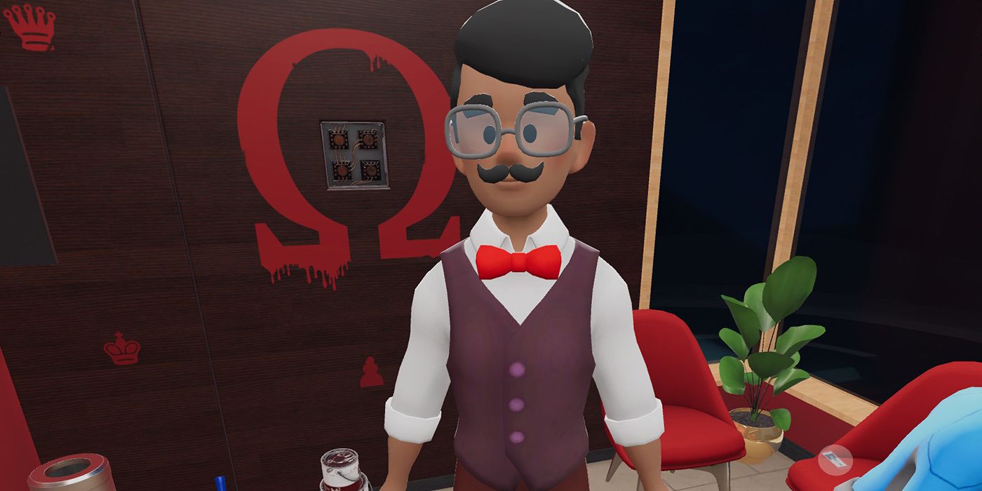 A player character in the Omega Corp lobby, in Escape Simulator.