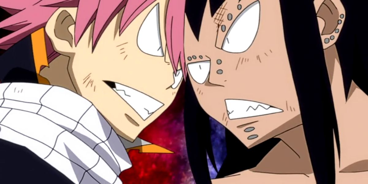 Natsu and Gajeel head-butting each other in Fairy Tail.