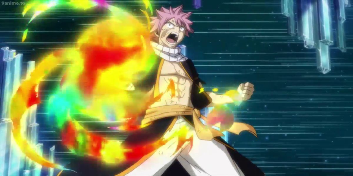 Natsu Dragneel wielding colourful flames in the Fairy Tail anime.