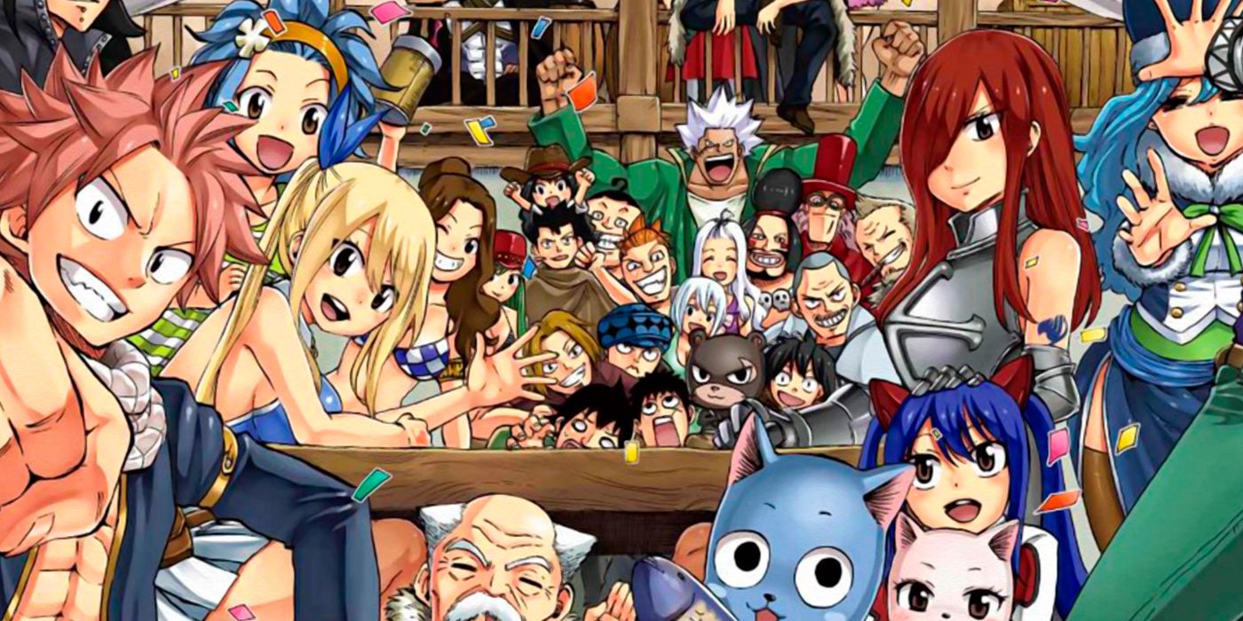 The cast of Fairy Tail 100 Year Quest in their school hangout.