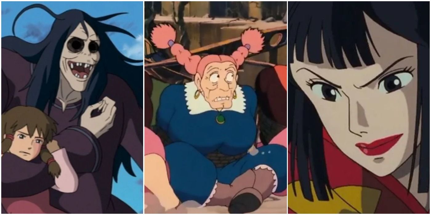 Featured image for an article depicting Studio Ghibli villains who stole the show — side-by-side of Lord Cob, Dola, and Lady Eboshi.