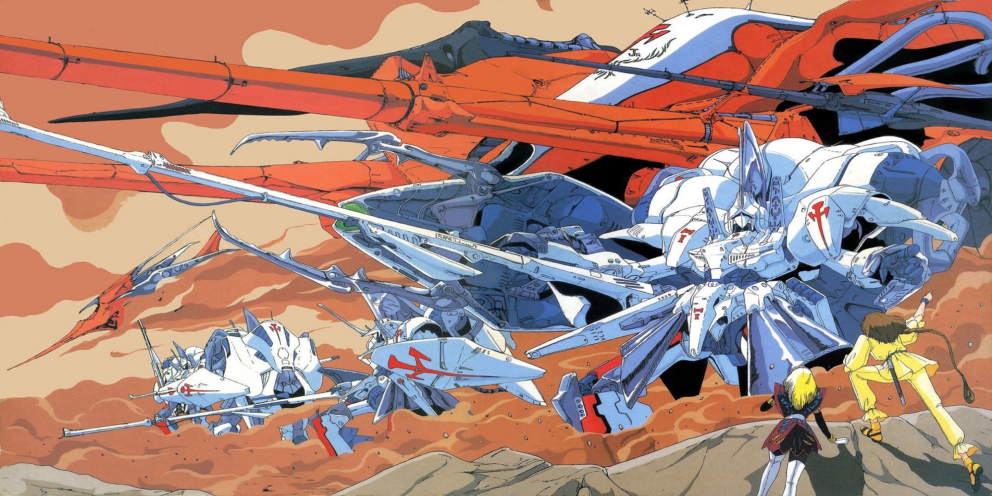 The mecha of Five Star Stories looking epic, while human characters look on shocked.