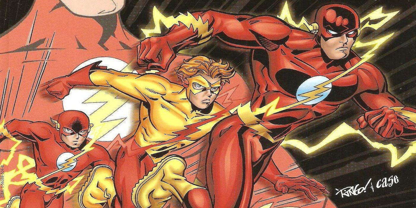 Wally West running and changing costumes, progressing towards his modern outfit.
