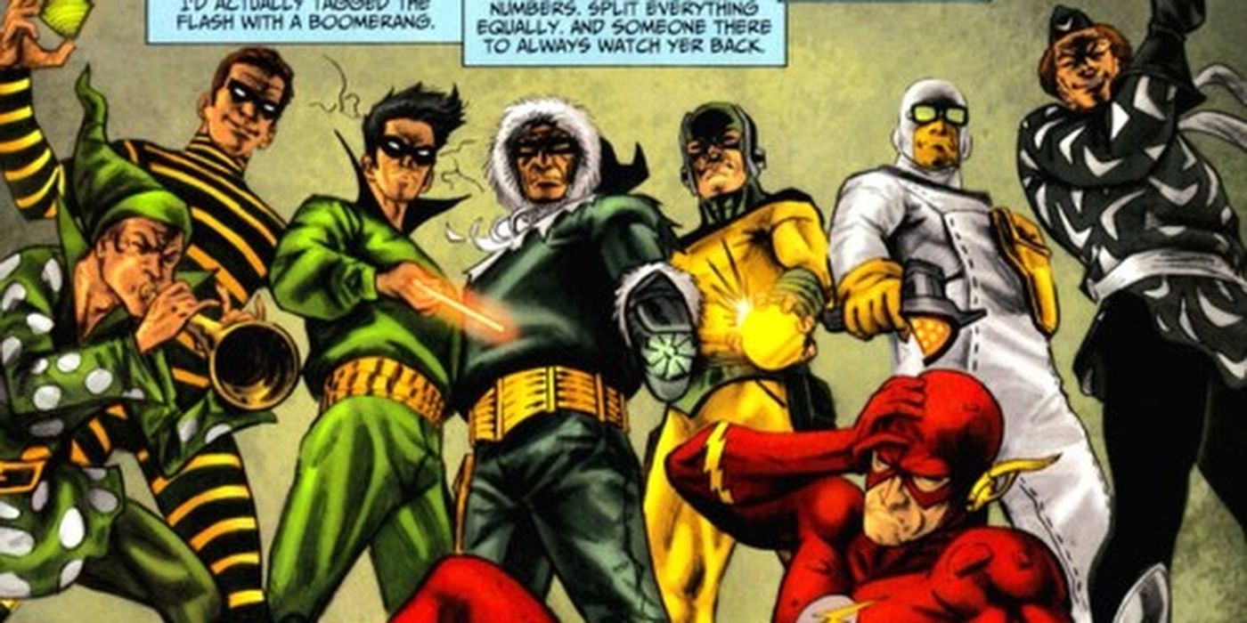 An image of comic art depicting Flash's Rogues Gallery from DC Comics