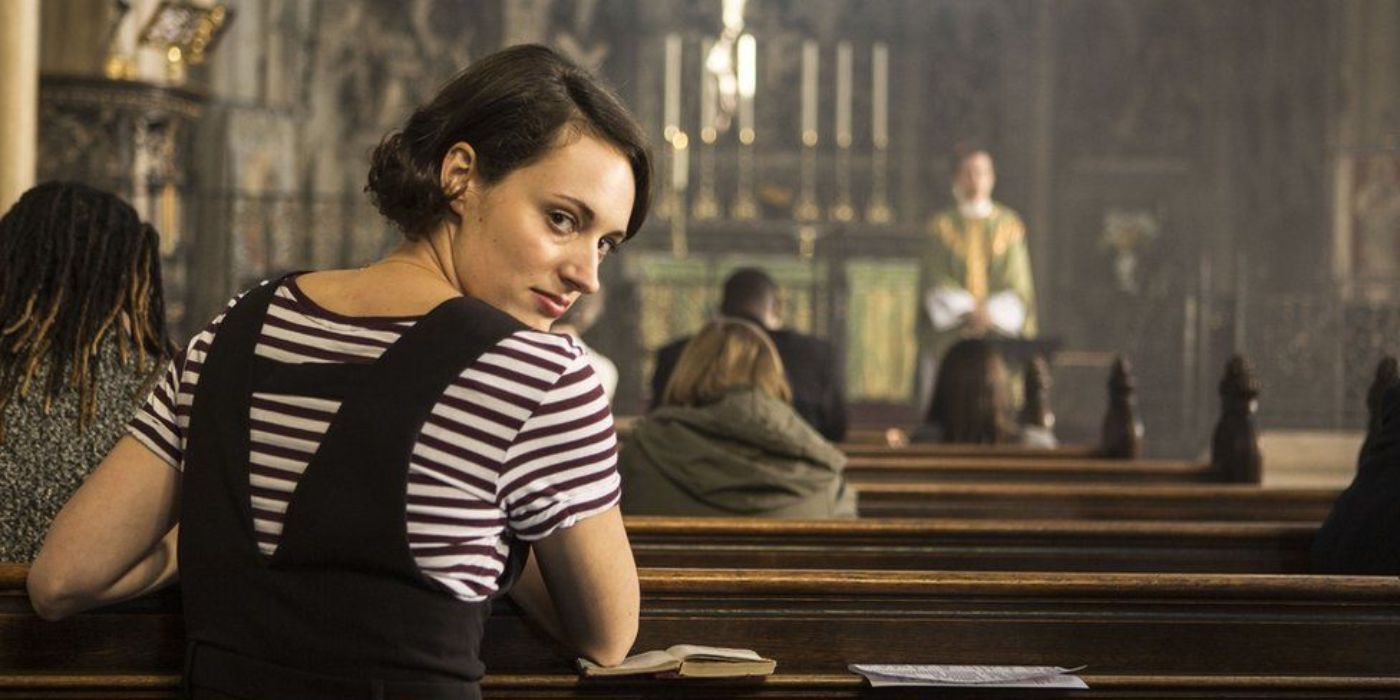 Fleabag looks at the audience in a church in Fleabag