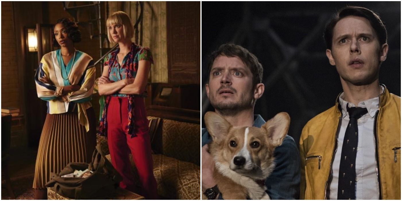 Trudy and Frankie with crossed arms in Frankie Drake Mysteries. Todd holding a dog beside Dirk in Dirk Gently's Holistic Detective Agency 