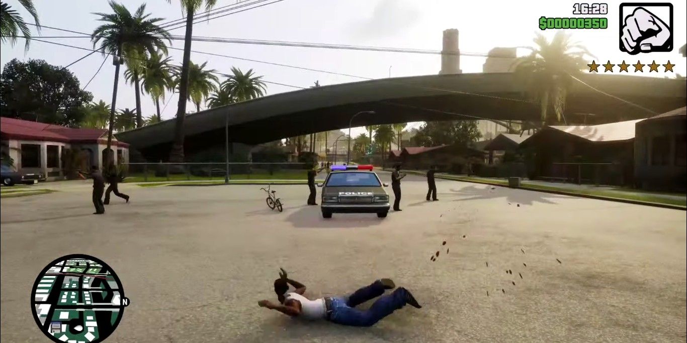 Screenshot depicting a downed CJ after triggering the six-star Wanted level via a cheat code, as seen in Grand Theft Auto San Andreas The Definitive Edition.