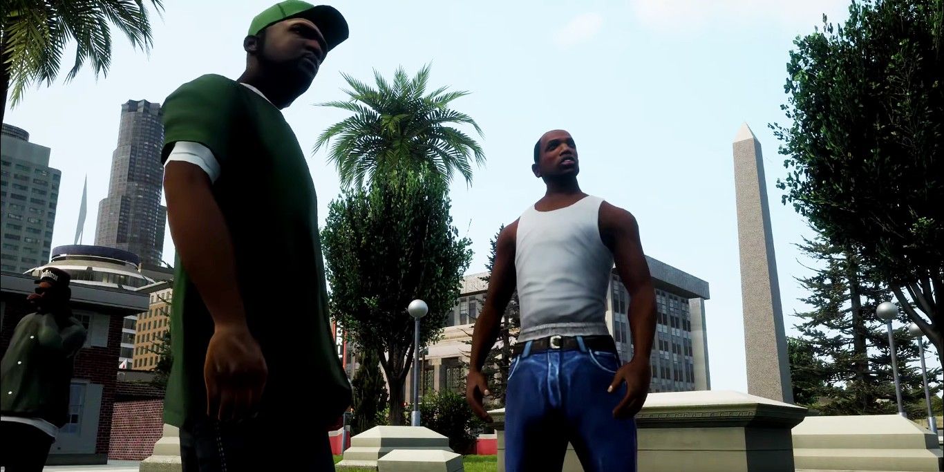 Screenshot depicting a cutscene with CJ and Sweet, as seen in Grand Theft Auto San Andreas The Definitive Edition.