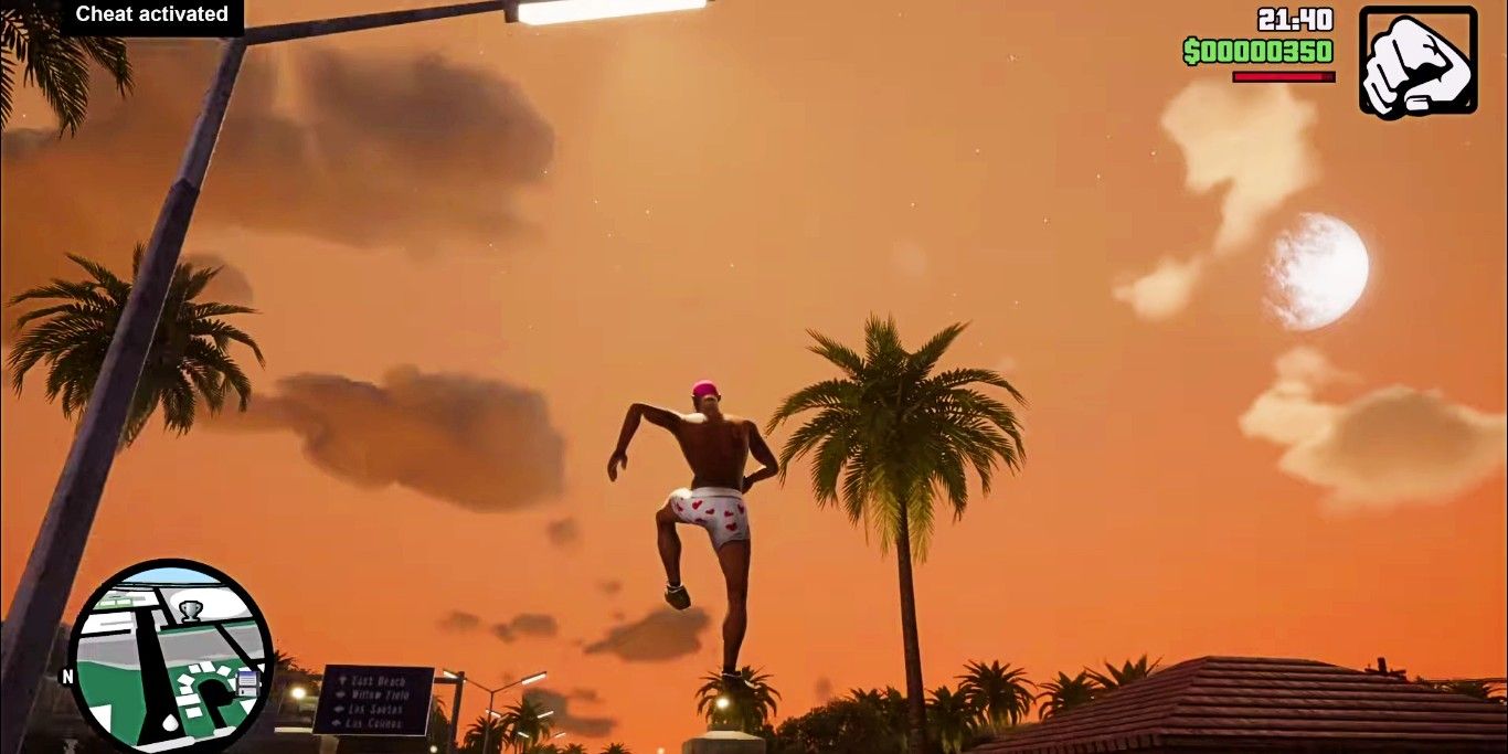 Screenshot depicting CJ performing a mega jump, as seen in Grand Theft Auto San Andreas The Definitive Edition.