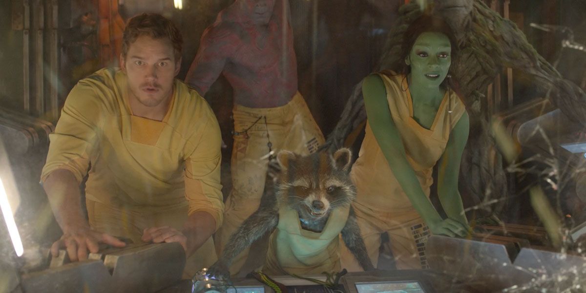 Gamora, Peter Quill, Rocket Raccoon, Groot, and Drax in Guardians Of The Galaxy.
