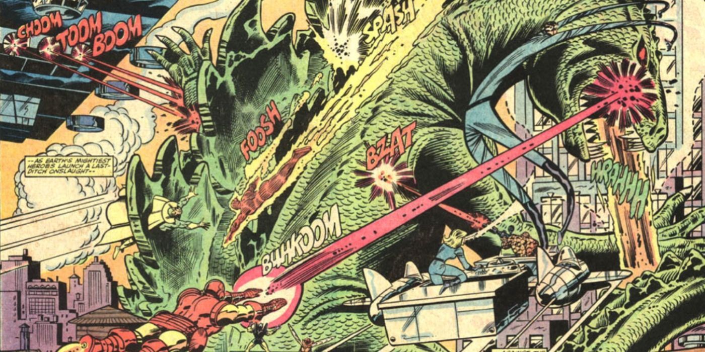 The Avengers take to the skies to fight Godzilla in an image from the Godzilla, King of the Monsters Marvel Comics series from the 1970s.