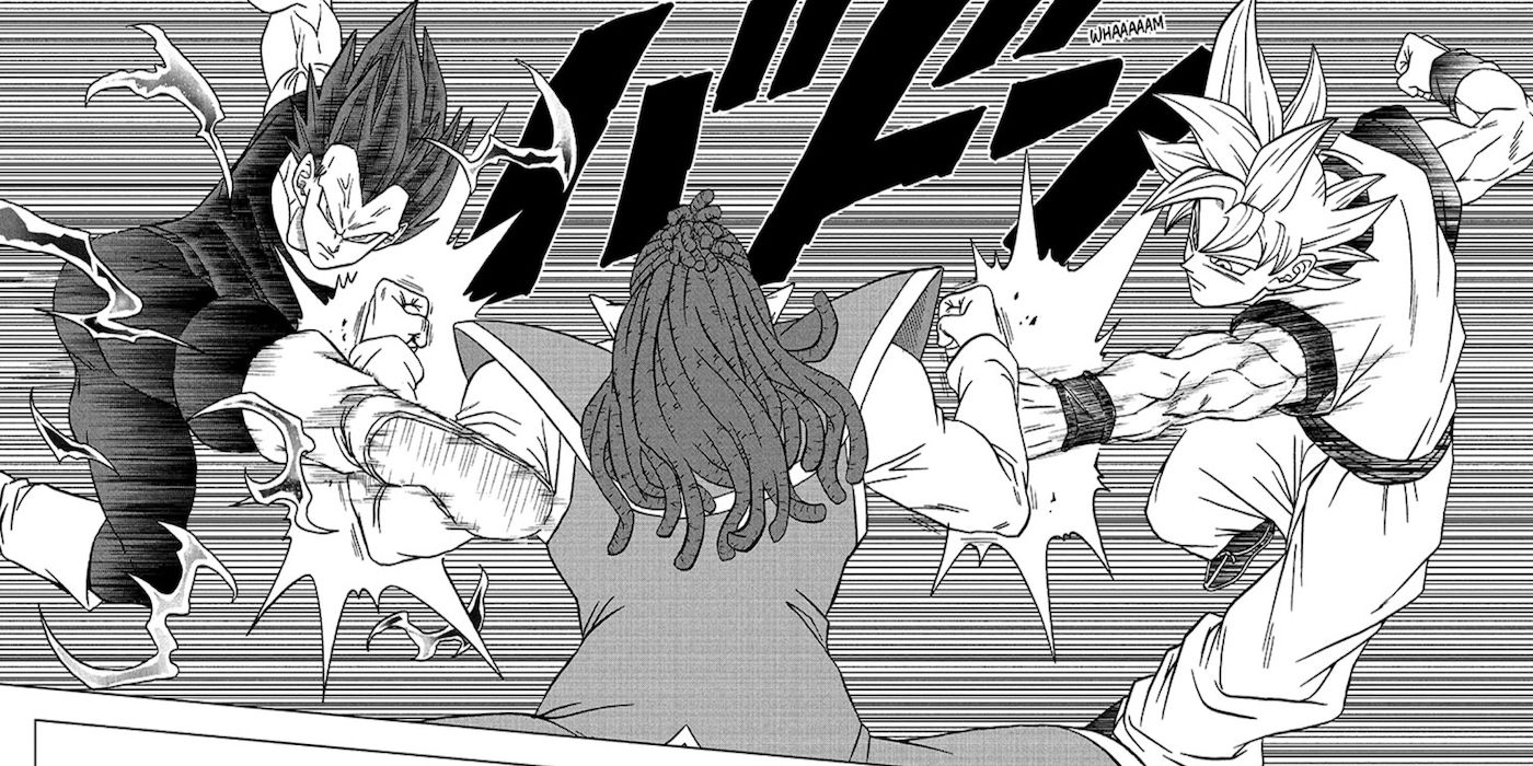 Ultra Instinct Goku and Ultra Ego Vegeta fight Gas in Dragon Ball Super manga