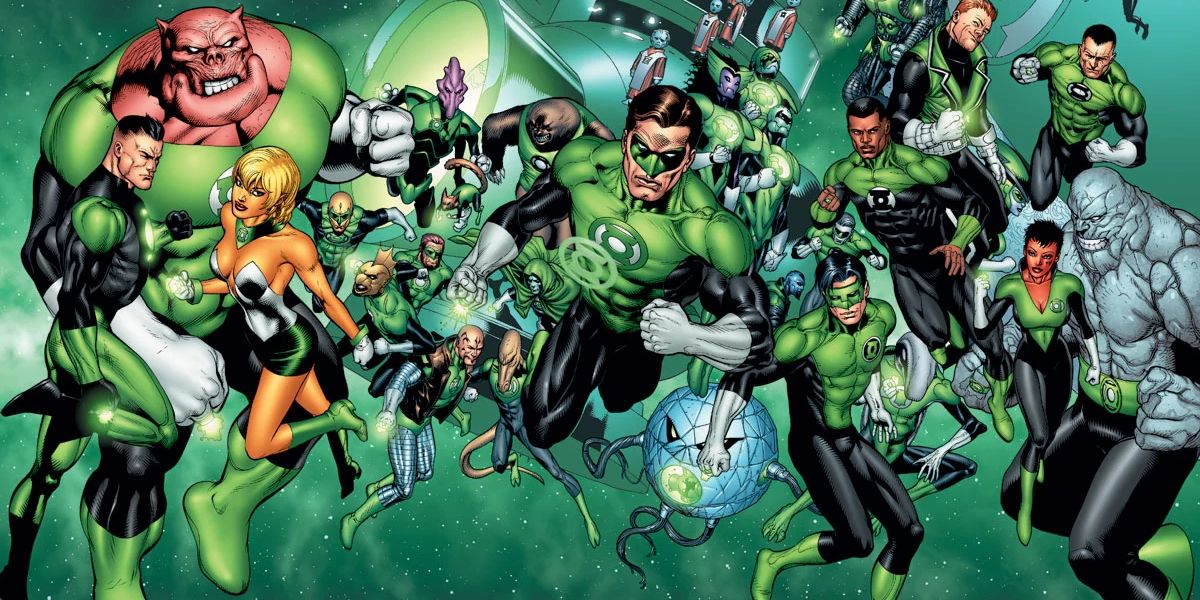 Hal Jordan, John Stweart, Kyle Rayner, and Guy Gardner with other members of DC's Green lantern Corps