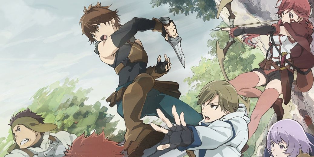 Grimgar of Fantasy and Ash characters Haruhiro, Yume, Shihoru, Manato, and Moguzo with their weapons drawn in a forest.