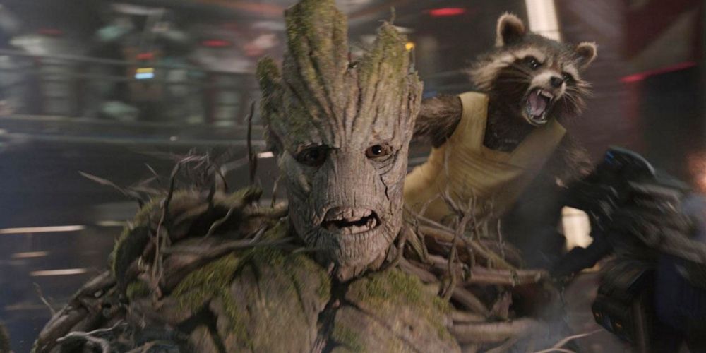Groot and Rocket Racoon during the prison breakout in Guardians of the Galaxy movie