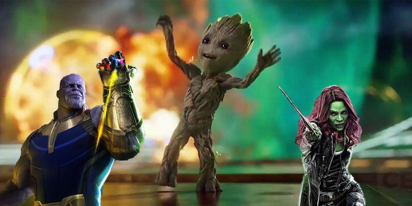 Thanos and Gamora superimposed over a still of Groot from Guardians of the Galaxy Vol. 2 – MCU