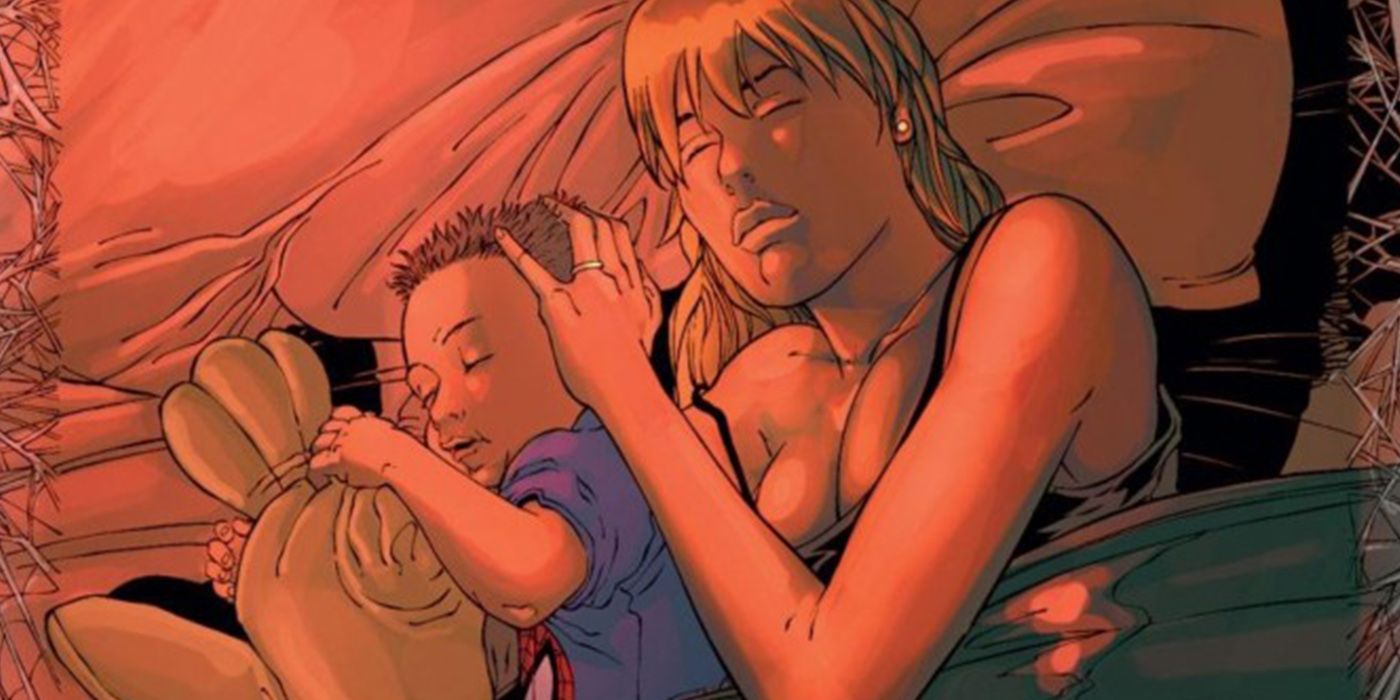 Gwen Stacy hugging her son Richie while sleeping in House of M