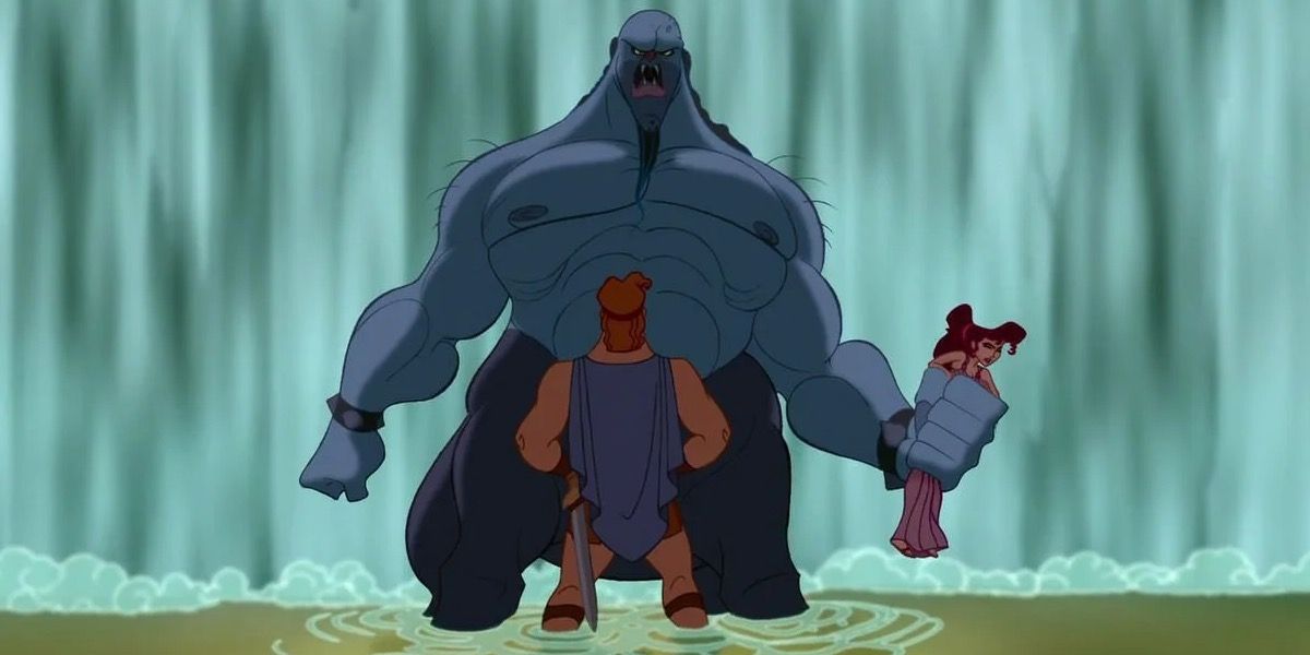 Hércules em pé na água e de frente para Nessus, o Centaur, que está segurando Meg, em Hércules da Disney.