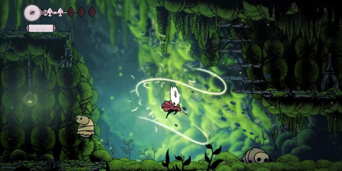 Screenshot depicting Hornet performing an aerial attack, as seen in Hollow Knight: Silksong.