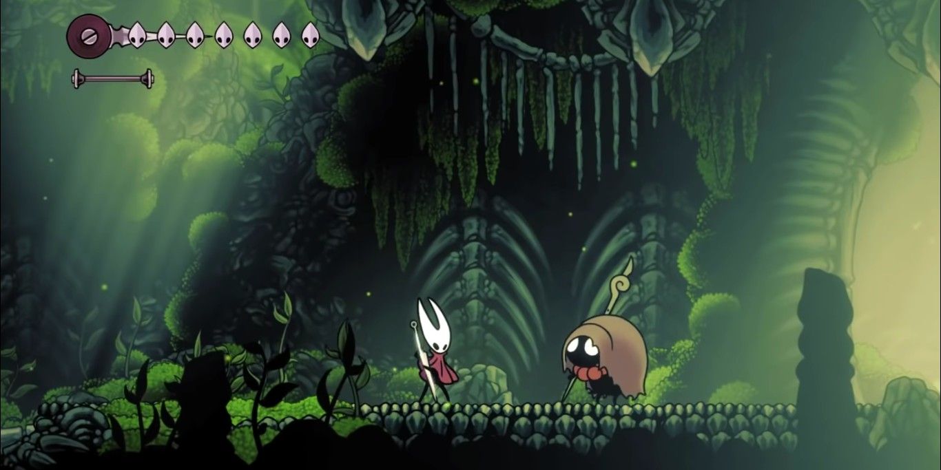 Screenshot depicting Hornet about to interact with a friend, as seen in Hollow Knight: Silksong.